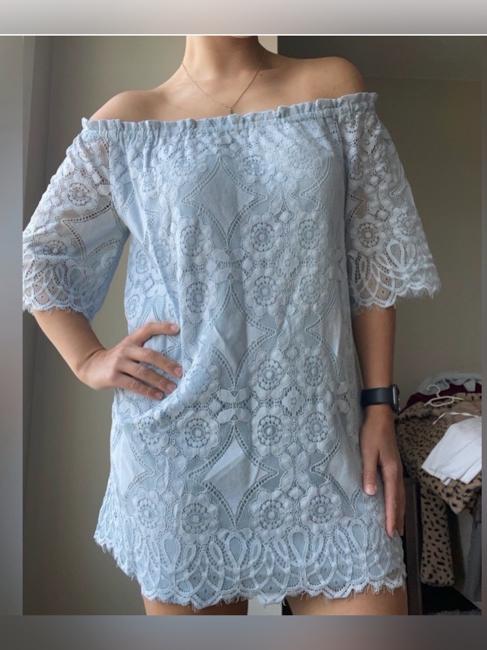BB Dakota Light Blue Off-Shoulder Lace Mini Dress Small
